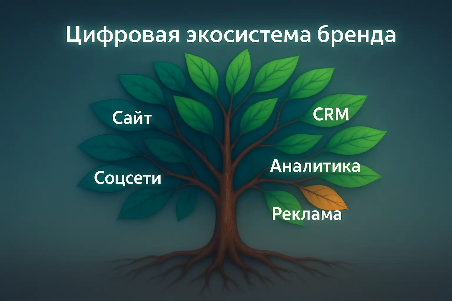 Дерево цифровой экосистемы бренда с ветвями-каналами (сайт, соцсети, CRM, реклама, аналитика) и листьями-данными на фоне переплетения линий, напоминающих нейронную сеть.