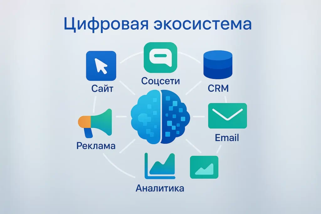 Круговая схема цифровой экосистемы бренда с иконками сайта, соцсетей, CRM, email, рекламы и аналитики, соединёнными линиями, на стеклянной поверхности с белым фоном.