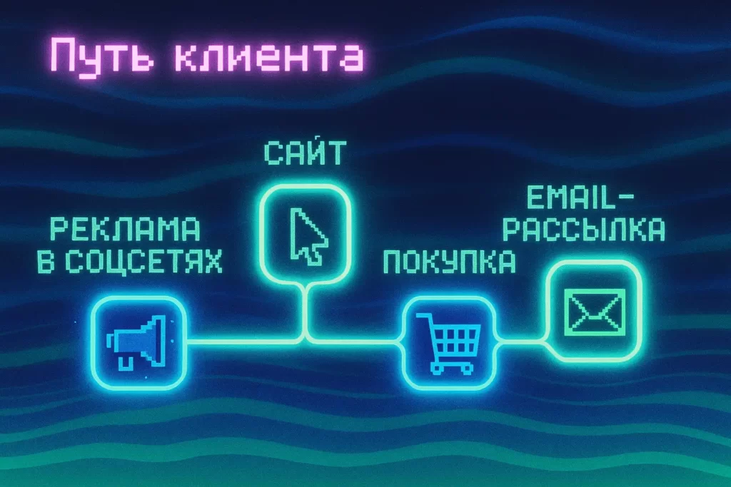 Схема пути клиента в виде метро с неоновой линией и пиксельными вагонами-иконками (реклама, сайт, покупка, email-рассылка) на фоне волн синего и зелёного цветов.