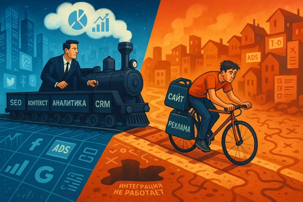 Бизнесмен открывает подарочную коробку, внутри которой — разбитый экран и надпись "Ошибка 404", символизирующая провал дешёвых digital-решений.